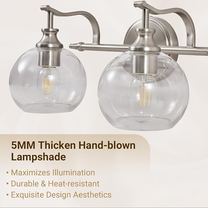 Brushed Nickel Bathroom Light Fixture, 2 Light Bathroom Vanity Light, Farmhouse Silver Wall Sconce, Anti-Rust Wall Lamp with Sturdy Metal Lamp Body for Bedroom, Living Room, Restroom