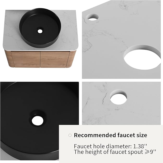 LKTART 30 Inch Floating Bathroom Vanity with Sink, Modern Wall Mounted Bathroom with Soft Close Door, Black Round Ceramic Basin and Sintered Stone Top
