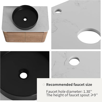 LKTART 30 Inch Floating Bathroom Vanity with Sink, Modern Wall Mounted Bathroom with Soft Close Door, Black Round Ceramic Basin and Sintered Stone Top