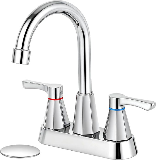 Polished Chrome Bathroom Faucet 3 Hole, 4 Inch 2-Handle Centerset Bathroom Sink Faucet, Faucet for Bathroom Sink 360° Swivel Bathroom Faucets RV Lavatory Vanity Faucet with Pop-up Drain