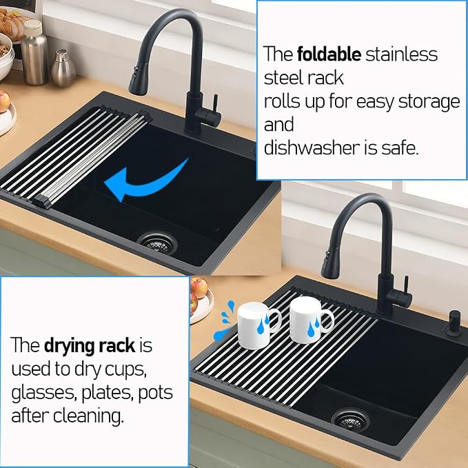 25 Inch Quartz Drop In Kitchen Sink | 25x22 Inch Black Granite Composite Quartz Drop In Utility Outdoor Sink Topmount Single Bowl Kitchen Sink with Rubber Squeegee