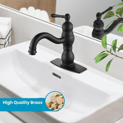 gotonovo Bathroom Faucet 1 Hole Vintage,Matte Black,7.1” Spout Reach | Bathroom Sink Faucet for 1 or 3 Hole Single Handle,Deck Plate,360° Swivel Spout,Pop Up Drain,cUPC Supply Hoses,for Vanity RV