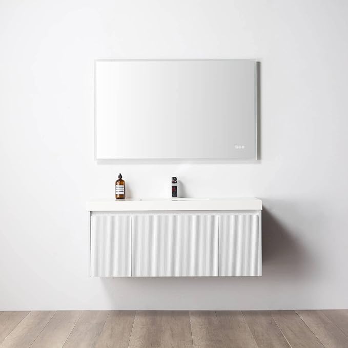 Blossom 48 Inch Floating Bathroom Vanity with Sink | Luxury Solid Plywood Wall Mounted Cabinet | Moisture-Resistant Modern Design | Seamless Acrylic Sink | Soft-Close Drawers | Matte White