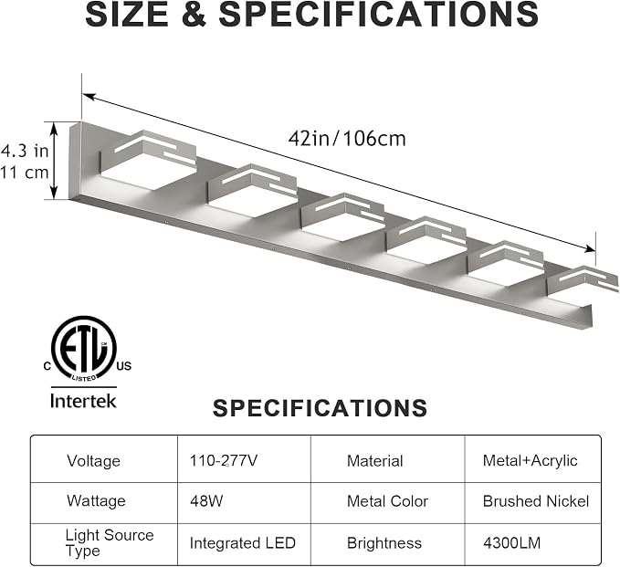 LED Modern Bathroom Vanity Light Fixtures, Dimmable Brushed Nickel Vanity Lights for Bathroom Lighting Fixtures Over Mirror, with 360° Rotatable Acrylic Heads 6-Light 42-inch (Cool White 6000K)