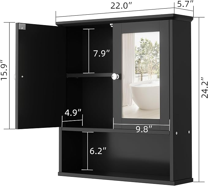 Shintenchi Bathroom Medicine Cabinet with Mirror, Wall Mounted, Black | Over The Toilet Cupboard, Adjustable Shelf, Open & Concealed Storage, 2 Magnet Doors, Space-Saving, Easy to Clean