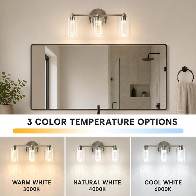 Brushed Nickel Vanity Light with 3 Color Modes, Eye Protection LED Bathroom Light Fixtures, Dimmable Modern Wall Light Over Mirror with Clear Glass Shade (Brushed Nickel, 3-Light)