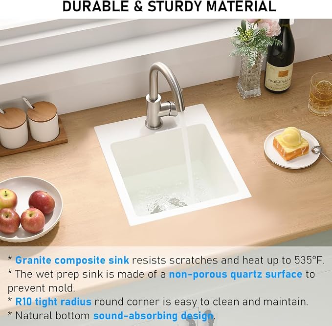 13x15 Inch Drop In Bar Sink, White Granite Composite | Small Drop In Sink RV Wet Bar Prep Sink Quartz Topmount Single Bowl Kitchen Basin with Small Rubber Squeegee