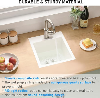 13x15 Inch Drop In Bar Sink, White Granite Composite | Small Drop In Sink RV Wet Bar Prep Sink Quartz Topmount Single Bowl Kitchen Basin with Small Rubber Squeegee