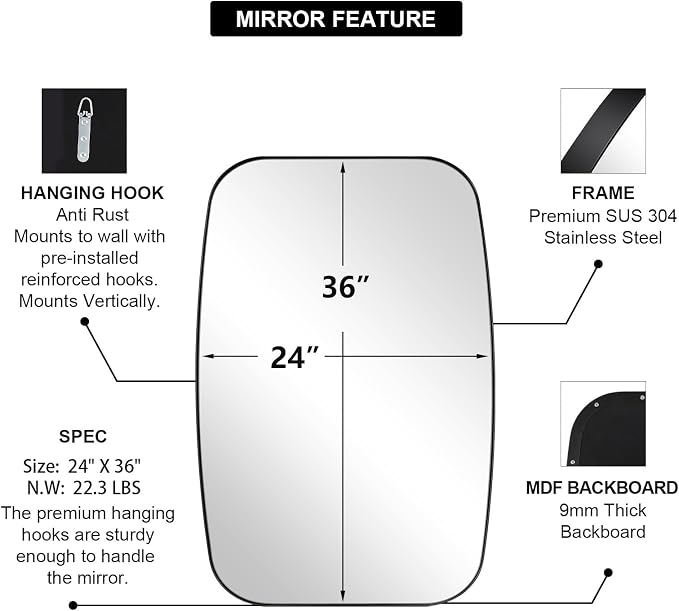 Black Oval Mirrors for Bathroom, Large 24x36’’ Matte Black Metal Framed Oblong Wall Mirror, Modern Black Vanity Mirror in Stainless Steel Frame Wall Mount Horizontal or Vertical
