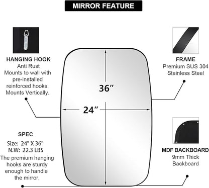Black Oval Mirrors for Bathroom, Large 24x36’’ Matte Black Metal Framed Oblong Wall Mirror, Modern Black Vanity Mirror in Stainless Steel Frame Wall Mount Horizontal or Vertical