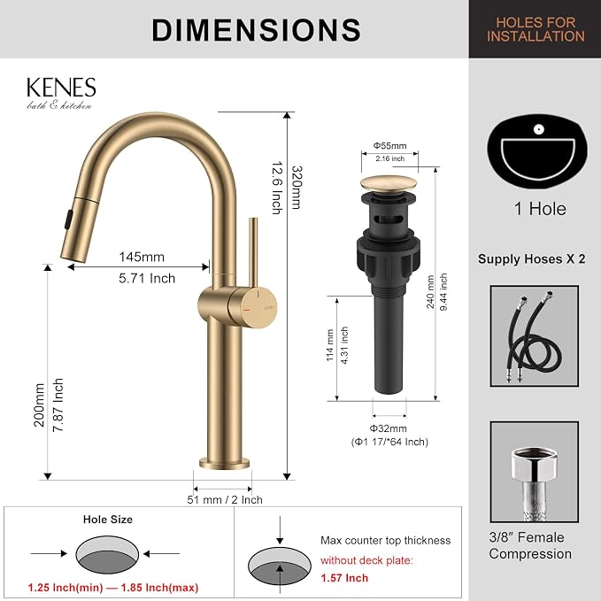 Champagne Bronze Pull Down Tall Vessel Sink Faucet 1 Hole 1 Handle | Vessel Bowl Faucet with Pop Up Drain & Supply Lines, Lead-Free cUPC & NSF Certified, 1 Hole Faucet for Vanity RV Restroom