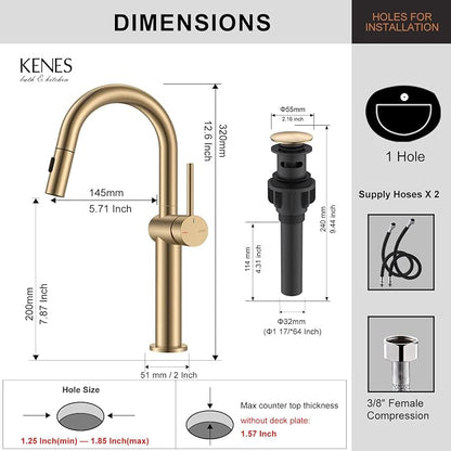Champagne Bronze Pull Down Tall Vessel Sink Faucet 1 Hole 1 Handle | Vessel Bowl Faucet with Pop Up Drain & Supply Lines, Lead-Free cUPC & NSF Certified, 1 Hole Faucet for Vanity RV Restroom