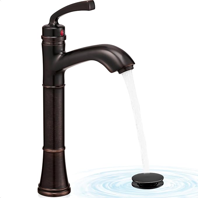 Brass Tall Bathroom Faucet 1 Hole, Oil Rubbed Bronze Bathroom Vessel Sink Faucet Single Handle with Pop-Up Drain & Pre-Installed Hoses, 5 Mins Install
