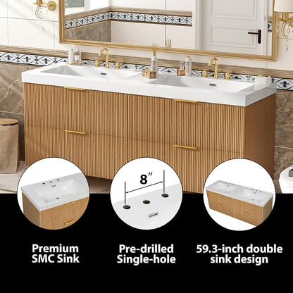 60 Inch Natural Color Floating Double Sink Bathroom Vanity with SMC Countertop and 4 Divided Drawers for Medium or Large Bathroom Room, Painted MDF Cabinet, Wall-Mounted