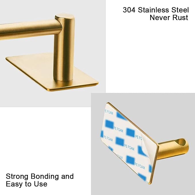 NearMoon Self Adhesive Bathroom Towel Bar- Stainless Steel Bath Wall Shelf Rack Hanging Towel Stick On Sticky Hanger Contemporary Style, NO Drilling (1 Pack, Brushed Gold, 16-Inch Towel Rack)