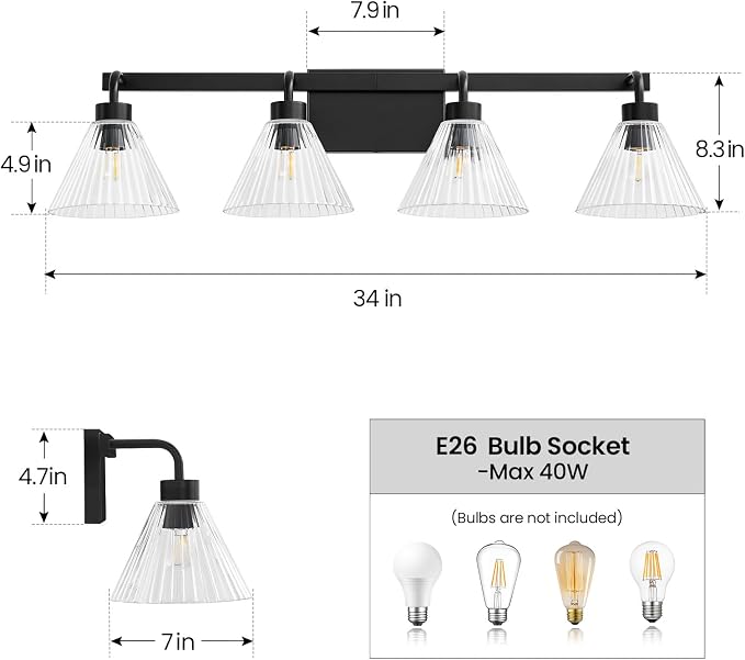 AIJIASI 4-Light Bathroom Light Fixtures 34 Inch Matte Black Vanity Lights for Bathroom with Ribbed Glass Shade Modern Bath Vanity Lighting Fixtures Wall Sconce