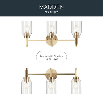 Kichler Madden 3-Light Bathroom Vanity Light, Champagne Bronze | Modern vanity light with clear glass for single bathroom mirrors (24" x 10.5"), 55185CPZ