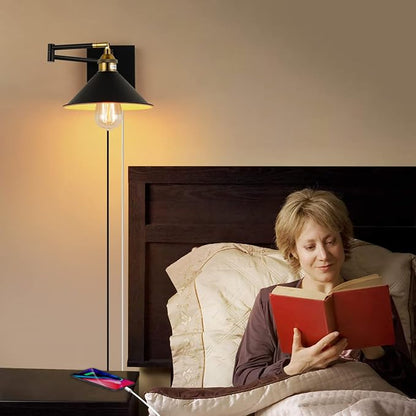 Bedside Wall Mount Light with Dimmable Switch and Outlet, Swing Arm Metal Shade Wall Sconce Light with USB Port and Plug in Cord, Black Wall Lamp for Bedroom, Living Room and Hotel