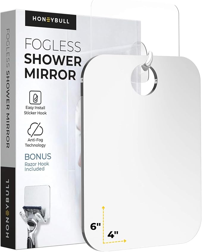HONEYBULL Fogless Shower Mirror for Shaving – Anti-Fog Acrylic Mirror with Razor Holder, No-Drill Wall Mount, Flat Design for Steam Showers, Small 4x6in