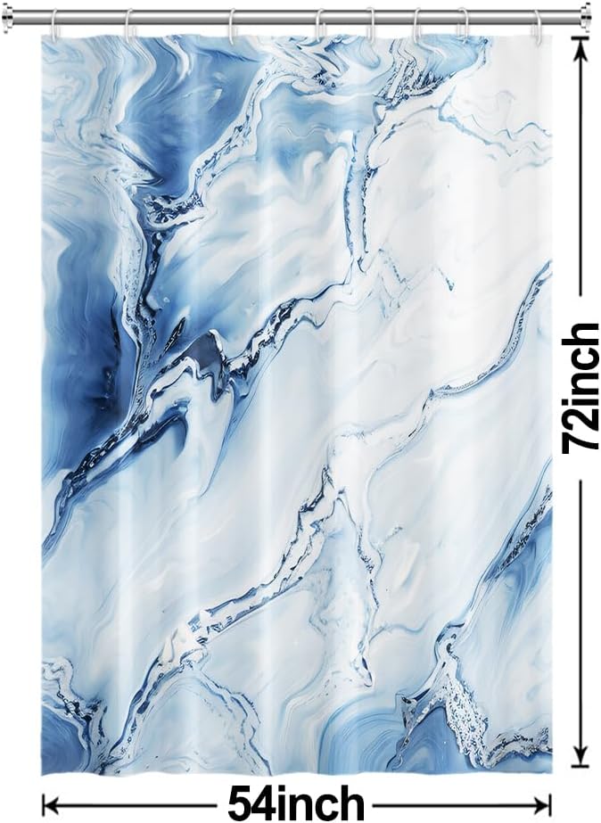 Blue Shower Curtain, Ombre Blue Marble Shower Curtain for Bathroom Modern Aesthetic Waterproof Shower Curtain Set with Hooks, 54x72 Inch