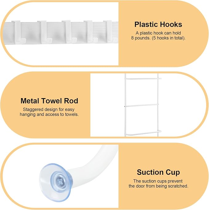 Over The Door Towel Rack 5 Tier Over The Door Towel Bar for Bathroom Towel Holder Over Door Hanger with Hooks Large Metal Towel Blanket for Bedroom Dorm Door (White)