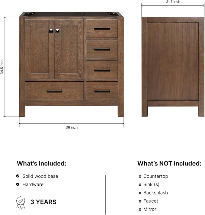 ARIEL Cambridge 36-inch Bathroom Vanity Base Cabinet,Solid Wood, 2 Soft Closing Doors, 5 Dovetail Drawers, Brown Oak