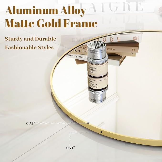 Large Gold Round Bathroom Mirror 42" with Thin Metal Frame | Circle Wall Mounted Mirror Hanging or Leaning Decor for Hallway, Entryway, Fireplace Mantel, Living Room