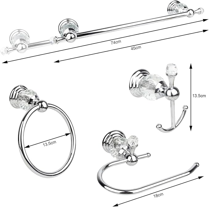 Chrome Crystal Bathroom Hardware Adjustable 24 Inch Towel Bar Set Toilet Paper Holder Towel Ring Coat Hooks Bathroom Accessories 4 Pieces Wall Mounted
