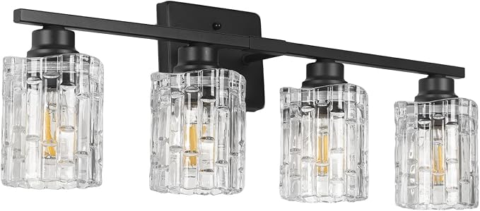 Refice 4-Light Bathroom Vanity Lights Crystal Glass, Black | Bathroom Light Fixtures Vanity Lighting Over Mirror for Living Room Farmhouse, Hallway