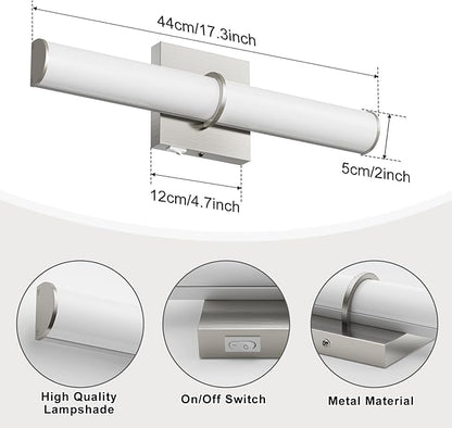 OOWOLF 17.3Inch Modern Vanity Light Fixture with Switch, 12W 5000K Led Bathroom Light Fixture Over Mirror, Hardwired, Brushed Nickel 1200LM Vanity Light Bar for Mirror Bedroom Hallway Living Room