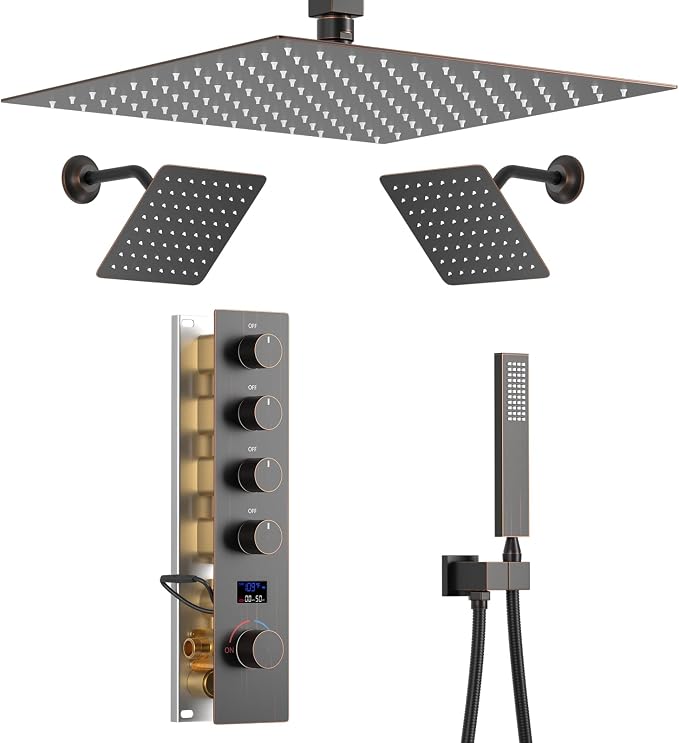 Oil Rubbed Bronze Shower System with 3 Rain Shower Head(12+8+8 inch), Handheld Spray, 4 Way Smart Temperature Display Shower Faucet set