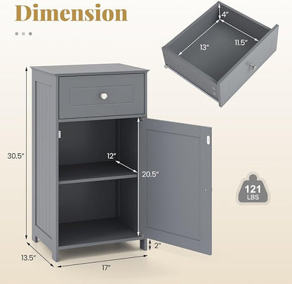 Giantex Floor Bathroom Storage Cabinet with Adjustable Shelf (Grey) | Freestanding Cabinet with Drawer, Door, Anti-Tipping Device, Storage Organizer for Sofa Side, Bathroom, Living Room