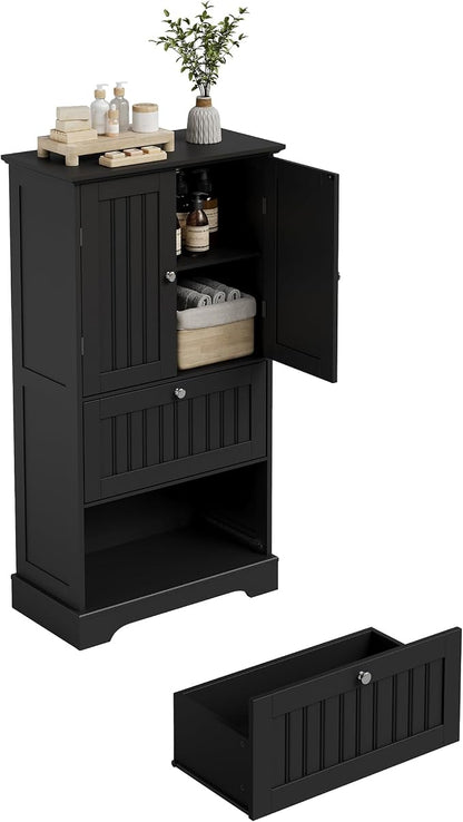Treocho Bathroom Floor Cabinet with 2 Drawers and Adjustable Shelf | Bathroom Storage Cabinet, Freestanding Cupboard Pantry for Kitchen, Living Room, Dining Room, Black