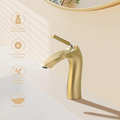 Brushed Gold Single Handle Bathroom Faucet - Lead-Free, Aerated Stream, Easy Install