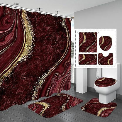 Gibelle 4 Pcs Luxury Marble Shower Curtain Set with Non-Slip Rugs, Toilet Lid Cover and Bath Mat, Gold Foil Red Bathroom Decor Set with Shower Curtain and Rugs and Accessories