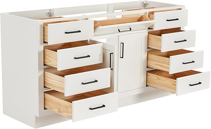 ARIEL Hepburn 66-inch Bathroom Vanity Base Cabinet,Solid Wood, 2 Soft Closing Doors, 9 Dovetail Drawers, White