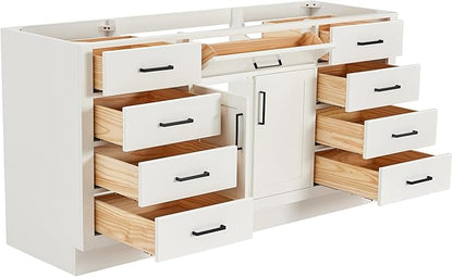 ARIEL Hepburn 66-inch Bathroom Vanity Base Cabinet,Solid Wood, 2 Soft Closing Doors, 9 Dovetail Drawers, White