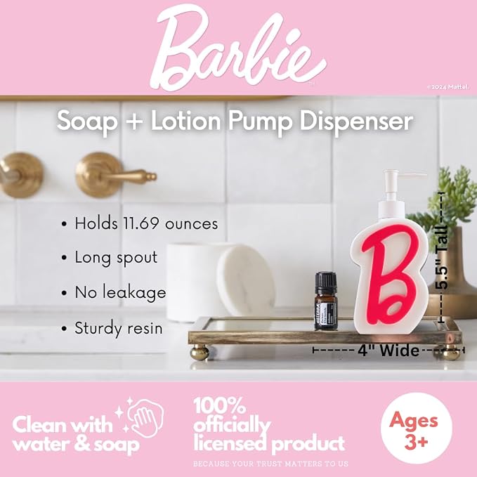 Barbie Pink B Monogram Soap/Lotion/Hand Sanitizer Resin Pump Dispenser, 11.69 Ounces, (Officially Licensed Product) by Franco