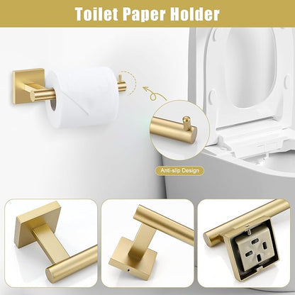 Gold Towel Bar Set 5-Piece Brushed Gold Bathroom Hardware Accessories Set Include 23.6in Towel Bar Toilet Paper Holder Towel Ring Towel Hooks,Stainless Steel Towel Holder Set Wall-Mounted