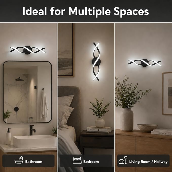 Modern Black LED Vanity Lighting,Bathroom Light Fixture Over Mirror,18 Inch,6000K Cool White