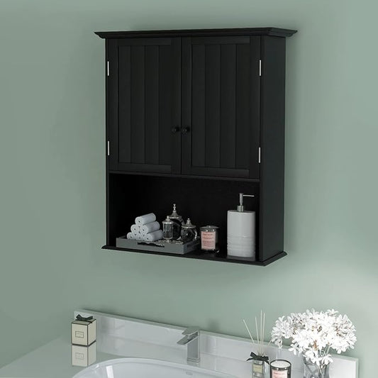 Tangkula Wall Mount Bathroom Cabinet Wooden Medicine Cabinet Storage Organizer with 2-Doors and 1-Shelf Cottage Collection Wall Cabinet (Black)