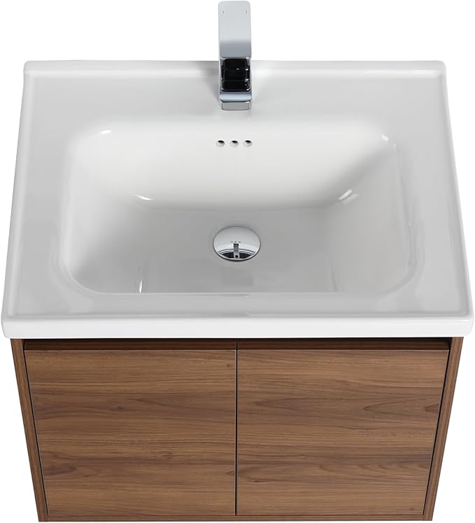 Blossom 24 Inch Wall Mounted Bathroom Vanity with Sink | Floating Wood Vanity Cabinet | Modern Soft-Close Doors & Storage | Ceramic Basin | Space-Saving Design (Brown Walnut, 24'' Ceramic Sink)