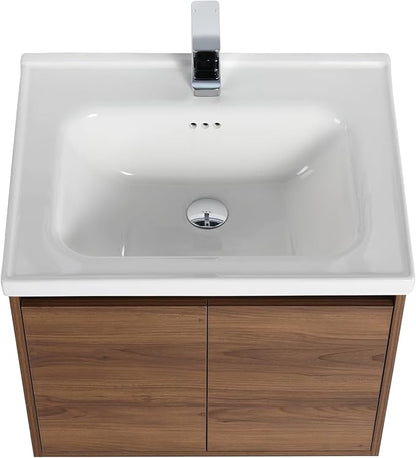 Blossom 24 Inch Wall Mounted Bathroom Vanity with Sink | Floating Wood Vanity Cabinet | Modern Soft-Close Doors & Storage | Ceramic Basin | Space-Saving Design (Brown Walnut, 24'' Ceramic Sink)