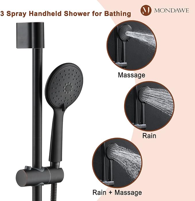 MONDAWE 9 Inch Wall Mounted Shower Faucet Set with Tub Spout in Oil Rubbed Bronze, Rainfall Shower Head with 3-Setting Handheld Spray Shower Combo, High Pressure Shower System with Solid Brass Valve
