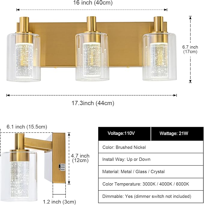 SineRise Vanity Light with 3 Color Modes (3000K/4000K/6000K), Eye Protection LED Bathroom Light Fixture, Dimmable Modern Wall Light Over Mirror with Clear Glass Shade (Gold, 3-Light)
