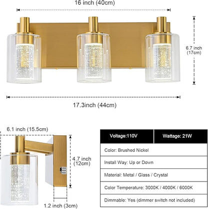 SineRise Vanity Light with 3 Color Modes (3000K/4000K/6000K), Eye Protection LED Bathroom Light Fixture, Dimmable Modern Wall Light Over Mirror with Clear Glass Shade (Gold, 3-Light)