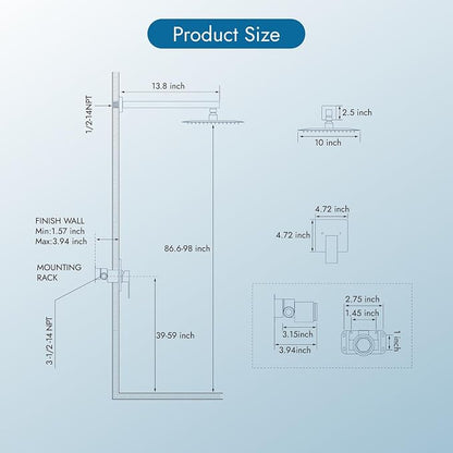 Matte Black Shower Faucet Set, 10 Inch Rain Shower System with Valve | Complete Rain Shower Set with Valve, Single Handle Wall Mount Design