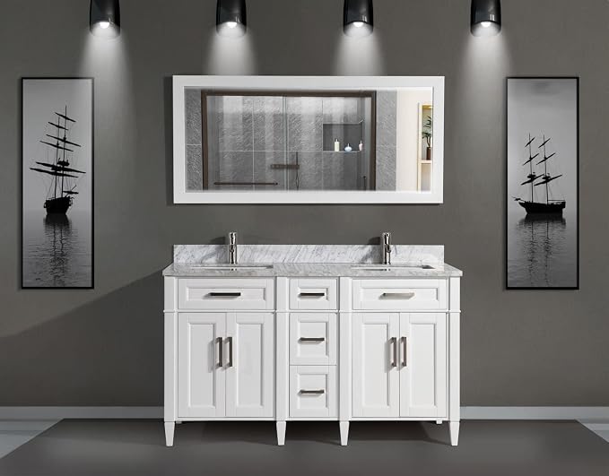 Vanity Art 60 Inch Double Sink Bathroom Vanity with Mirror | Carrara Marble Stone Top Storage Bathroom Organizer Cabinet with Dovetailed Drawer, Soft Closing Doors, Brushed Nickel Handles, VA2060-DW