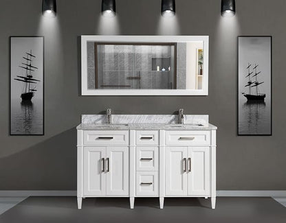 Vanity Art 60 Inch Double Sink Bathroom Vanity with Mirror | Carrara Marble Stone Top Storage Bathroom Organizer Cabinet with Dovetailed Drawer, Soft Closing Doors, Brushed Nickel Handles, VA2060-DW
