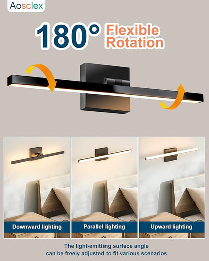 Aosclex 24 Inch Bathroom Lighting Fixtures Over Mirror, Rotatable, 16W 1440LM 5CCT Adjustable (2700K–6000K), Dimmable LED Bathroom Lights, IP44 Waterproof Black Modern Vanity Lights, ETL Certificated